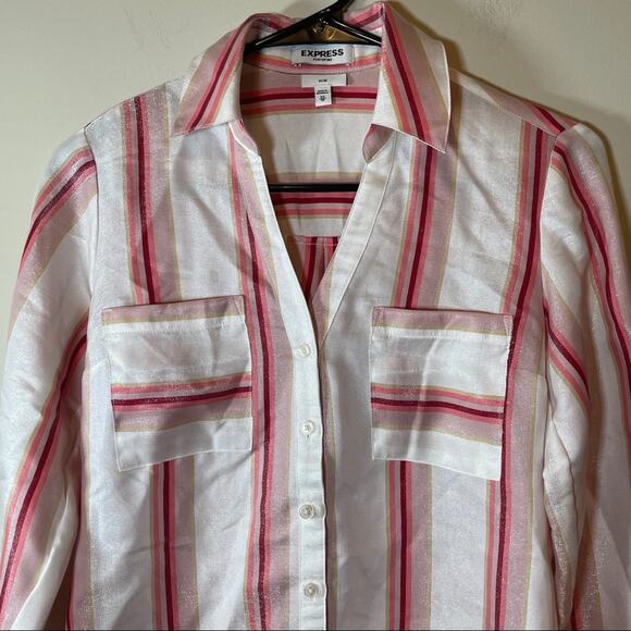 Express Pink & White Stripe Button Down Top Size XS - Picture 2 of 12